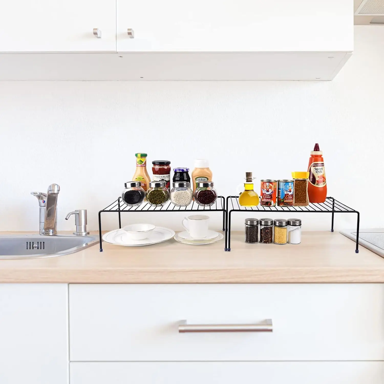 

Set Of 6 - Kitchen Storage Shelf Rack - Large (16.1 X 10.2 Inch) /Plastic Feet - Steel Metal - Rust Resistant Finish - Cups,