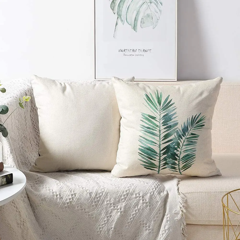 green plant leaf linen cushion cover trim, pillowcase home decor, suitable for sofa, car, bedroom 40x40 45x45 50x50 60x60