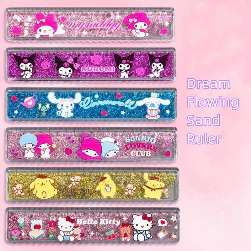 Sanrios Flowing Sand Ruler Family Series Hello Kitty Kuromi Melody Students Dual Use with Straight Line Wave Line Multi Function