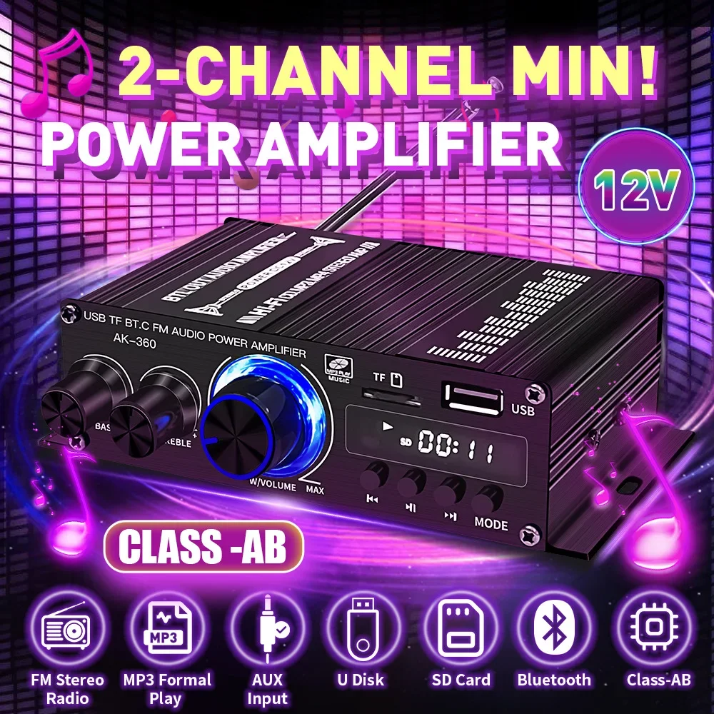 2025 New AK-360 Bluetooth 5.0 Stereo Audio Amplifier Receiver 2.0 CH Home Mini Hi-Fi Class-AB AMP with Bass and Treble Control