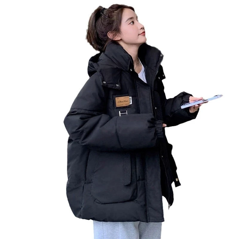 Abrigo de algodón grueso y cálido para mujer, chaqueta acolchada de algodón con capucha corta holgada de gran tamaño, Parkas para mujer, prendas de vestir sólidas, 2025