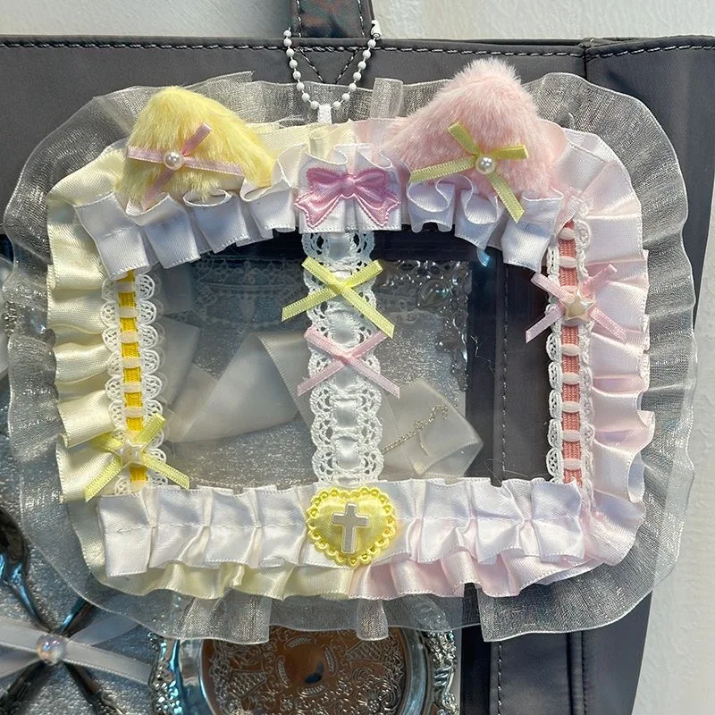 

Защитный брелок для фотокарточек idol, двойной брелок для фотокарт, держатель для карт в стиле Лолиты, аксессуары y2k, кружево в стиле Лолиты, жемчужный бант, аксессуары для рисования