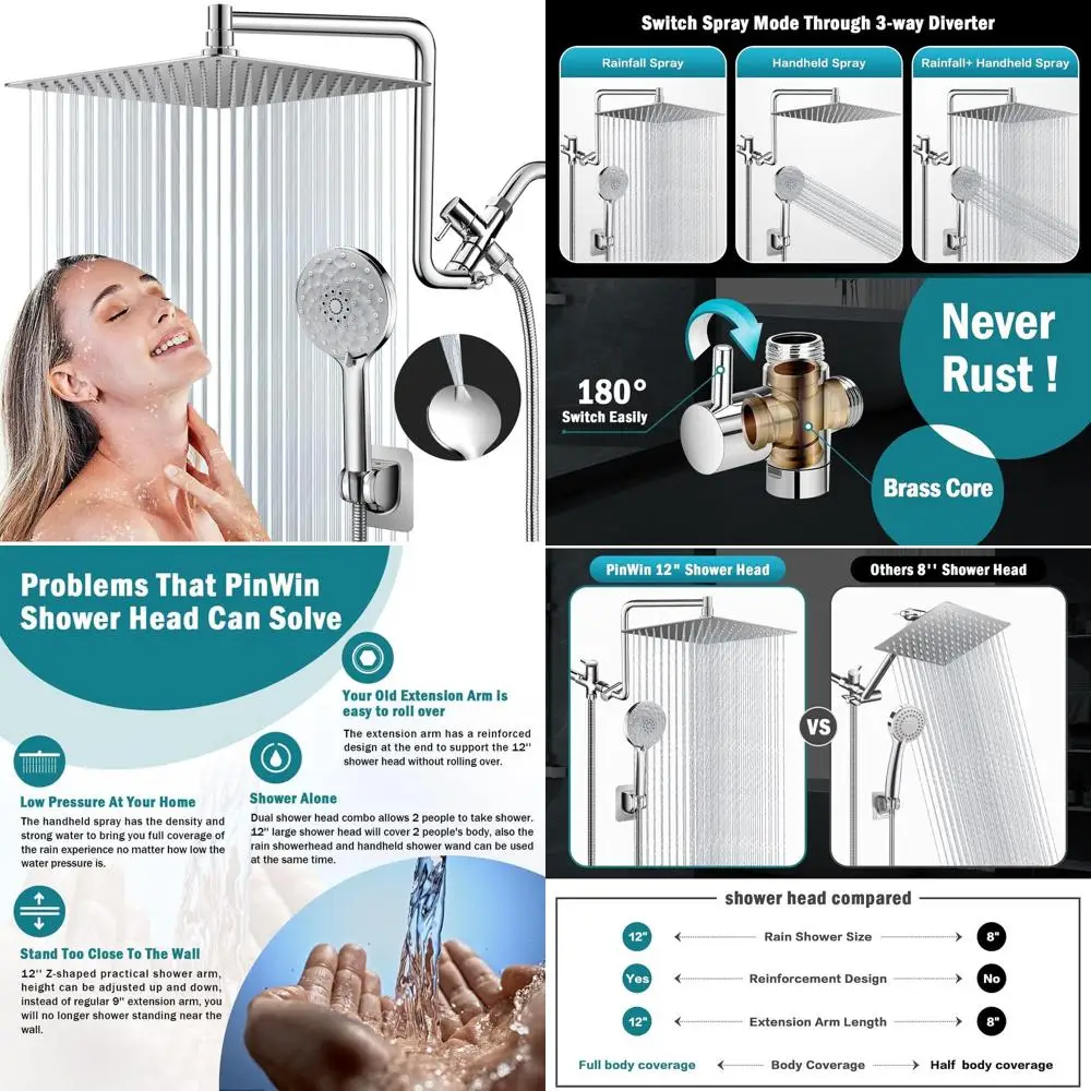

Enhanced Dual-Mode Rain Shower Head with Extendable Arm, 6-Function Handheld, High-Pressure Chrome Set