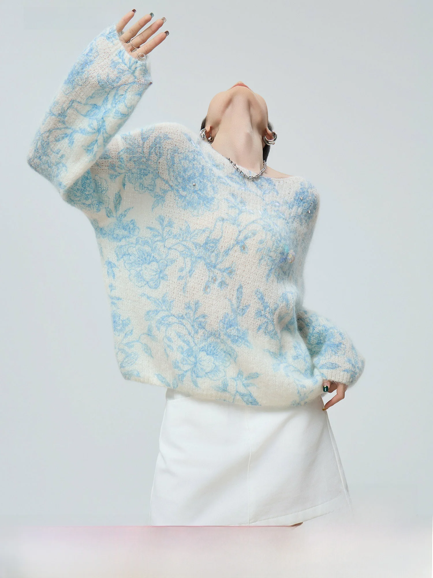 

Blue Handmade Tea Rose Embroidery One-oulder Sweater Women's Korean Sle Lazy Soft Long Sve Knitted irt V-Ne Casual...