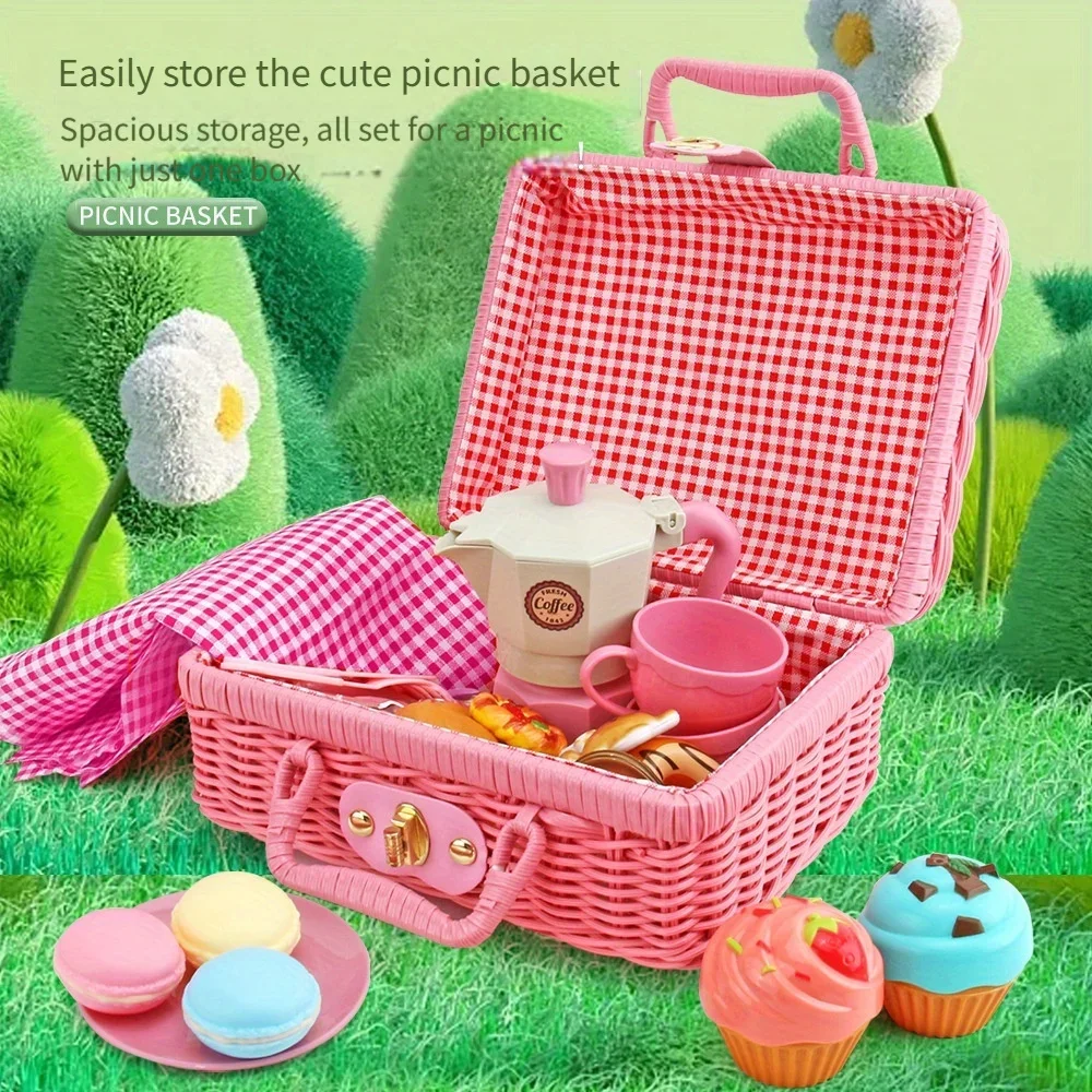 Children Pretend Play Picnic Basket Toy Set Simulation Coffee Cake Food Kitchen Role Play Toys Girl Birthday Christmas Gift