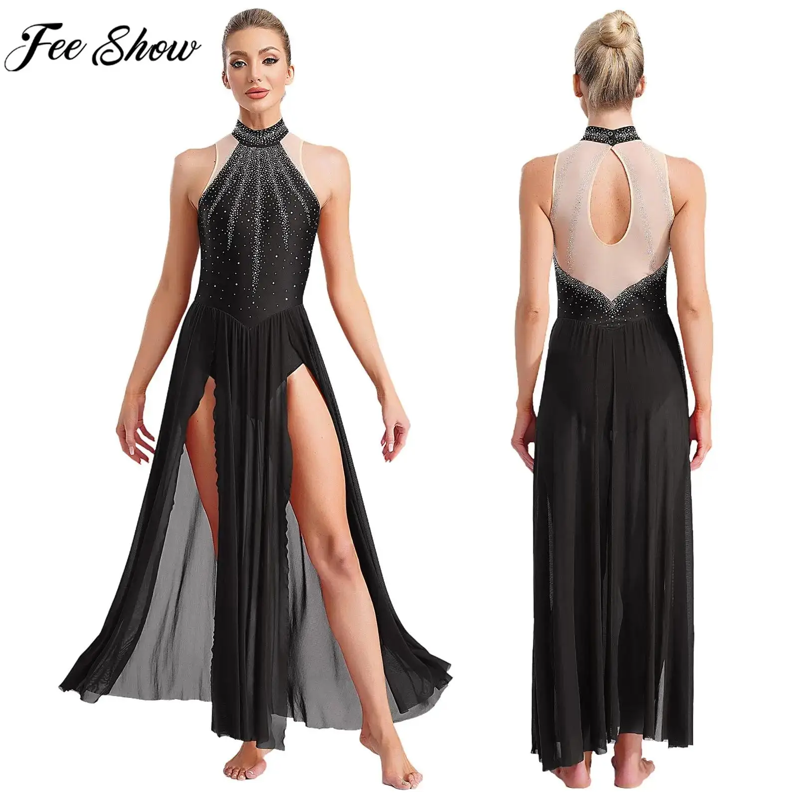 Women Modern Lyrical Dance Performance Costume Sleeveless Rhinestones Mesh Split Leotard Dress for Skating Gymnastics Acrobatics