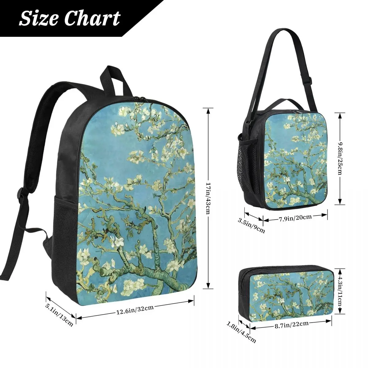 ゴッホのアーモンドの木バックパック 学生 男の子 女の子 ブックバッグ スクールバッグ コンピューターショルダーバッグ 3ps 保温ランチバッグ ペンケース