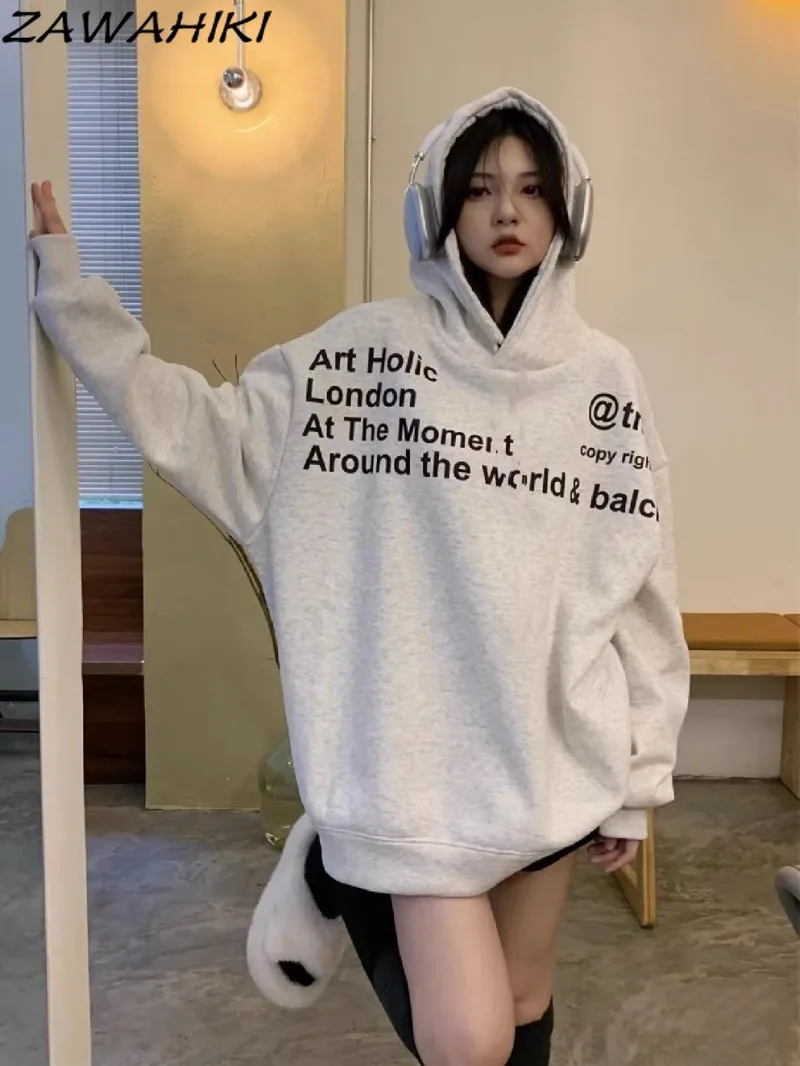 

ZAWAHIKI Sweatshirt Women American Oversize Fashion Gray Spring Fall Lovers Letter Print Loose All Match Vintage K Pop Clothes