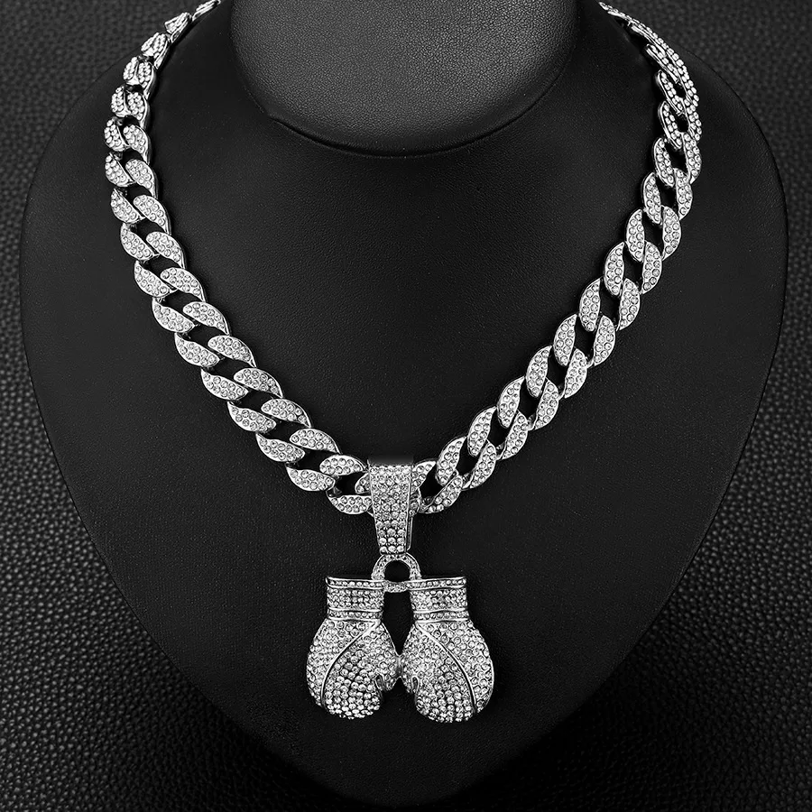 Hip Hop Full Diamond Boxing Gloves Alloy Pendant European and American Trend Personality Men Cuban Chain Necklace Jewelry Manufa