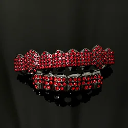 RACHELZ DIY Gothic Red Zircon Teeth Grillz Fangs Hip Hop Black Color CZ Stone Tooth Caps For Women Men Jewelry Halloween