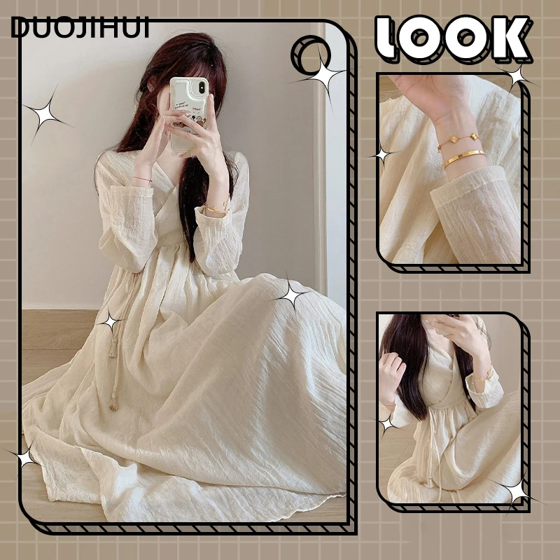 DUOJIHUI White Vintage Ruffles Sweet Women\'s Sleepwear Autumn Classic V-neck Pace-up Slim Waist Casual Fashion Female Nightgowns