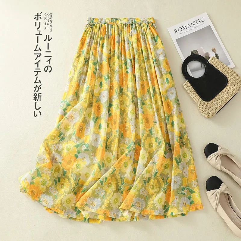 Yellow Floral Cotton Linen Skirt 2026 New Women's Summer Elastic Waist Slim A Word Long Big Swing Skirt