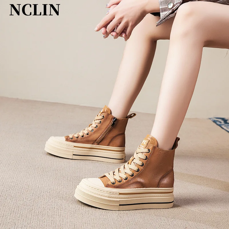 

Spring Genuine Leather Women's Shoes Thick-soled Round Toe Casual Shoes Women's Vulcanize shoes Women's Sneakers Zapatos Mujer