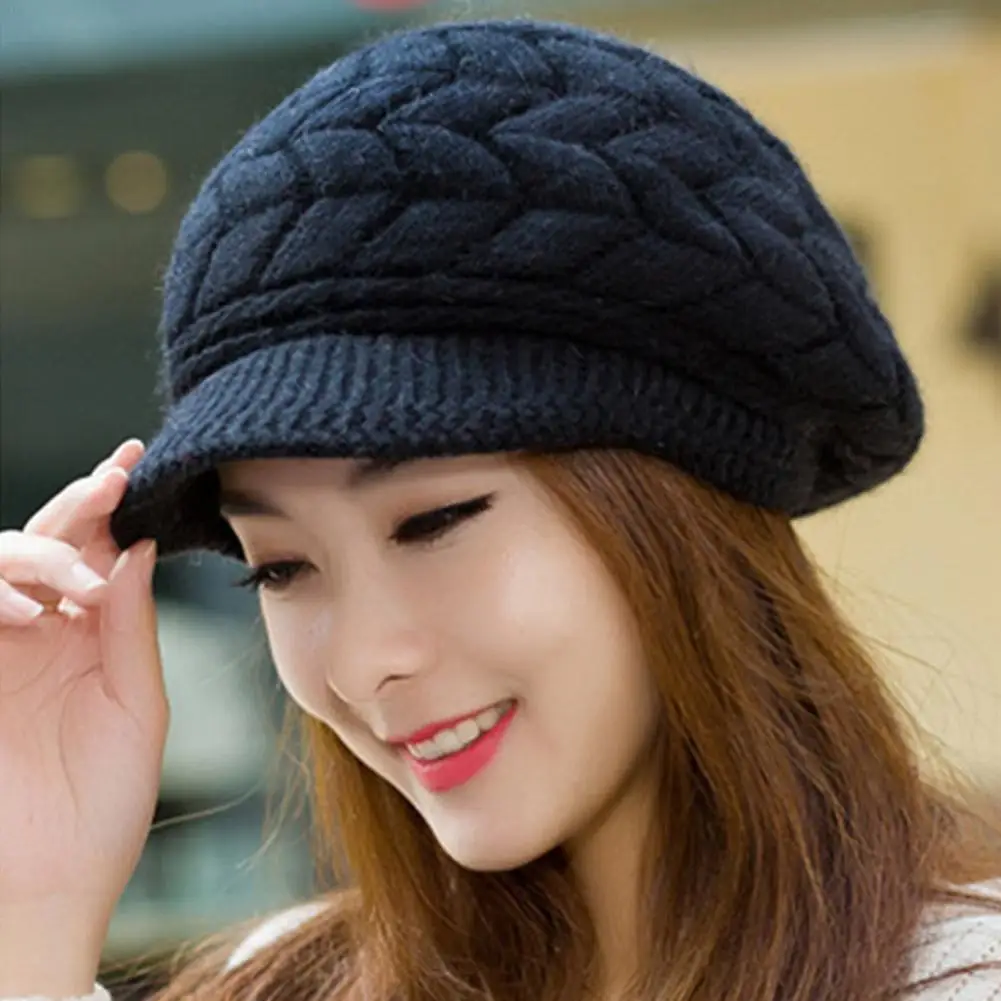 Chapéu de malha de inverno com aba de viseira forro duplo macio para mulheres gorro quente e elegante chapéus de aba larga chapéu de malha quente gorro desleixado