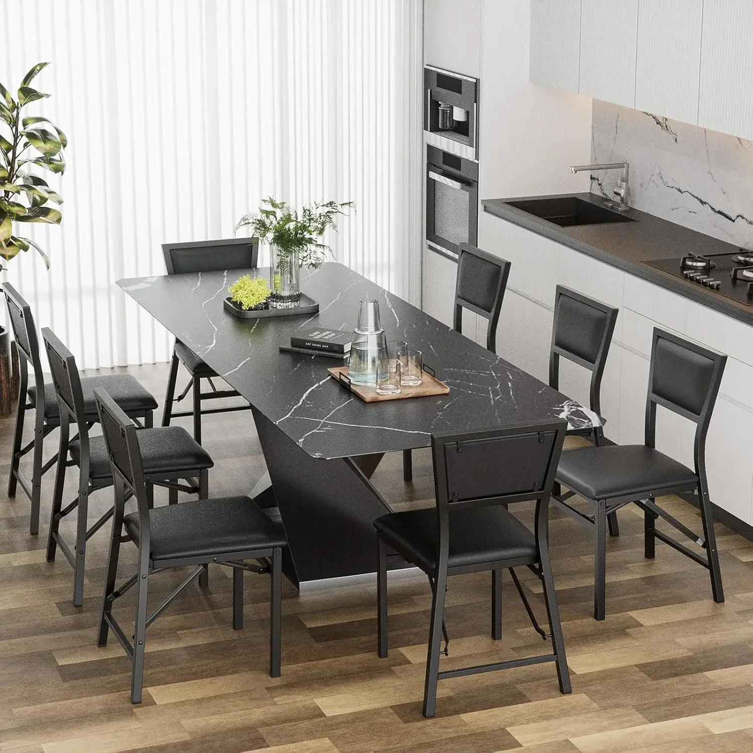 Sillas plegables acolchadas, sillas de comedor plegables con cojín, estructura de metal resistente para espacios pequeños, negro (2)