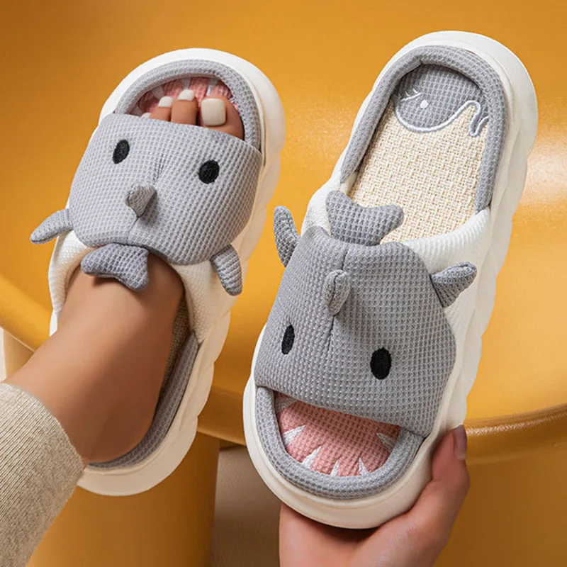 Cute Animal Cartoon Linen Slippers Four Seasons Home Thick-soled Sweat-absorbent Slippers Non-slip Couples\'s Cotton Slides