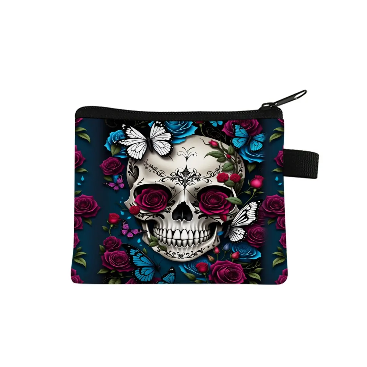 Münzgeldbörse mit Totenkopf-Blumen-Motiv, niedliche Geldbörse für Jungen/Mädchen, Kinder, beste Geschenke, 2D flache Cartoon-Aufbewahrungstasche, Münzgeldbörse