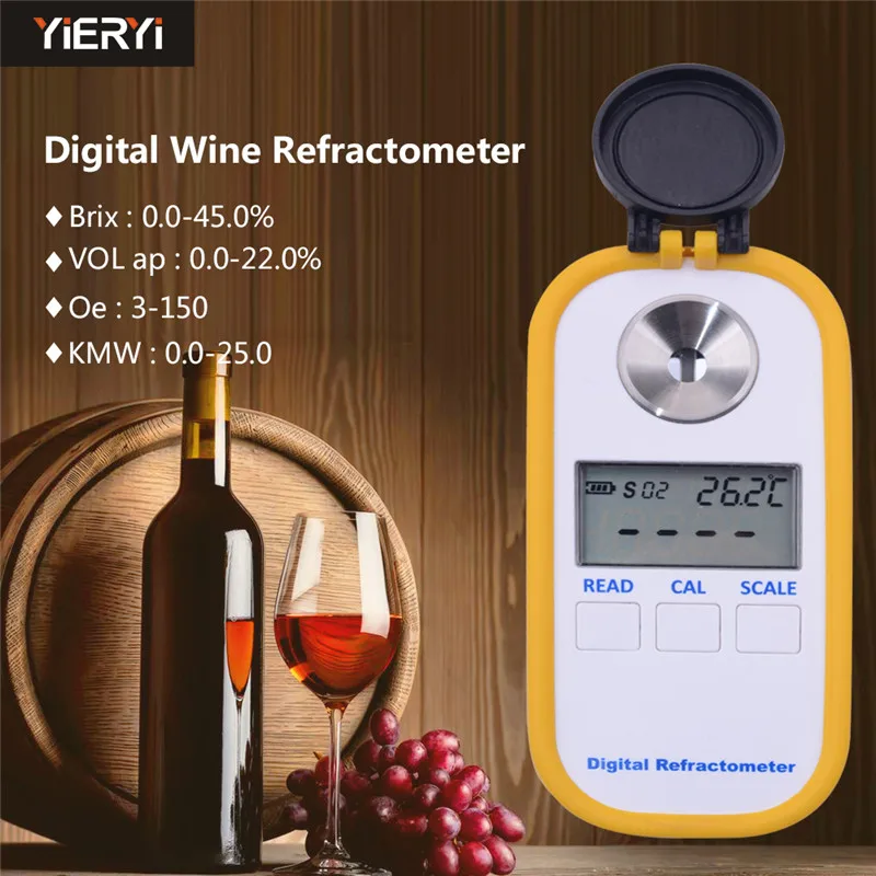 

Yieryi Digital Wine Refractometer Refractive Index 4 In 1 Brix/VOL ap/Oe/KMW Handheld Grape Juice Alcohol Concentration Meter