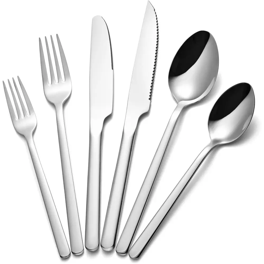 

8-Piece Stainless Steel Silverware Set with Steak Knives, Elegant Mirror Finish, Modern Design for Home or Restaurant Use