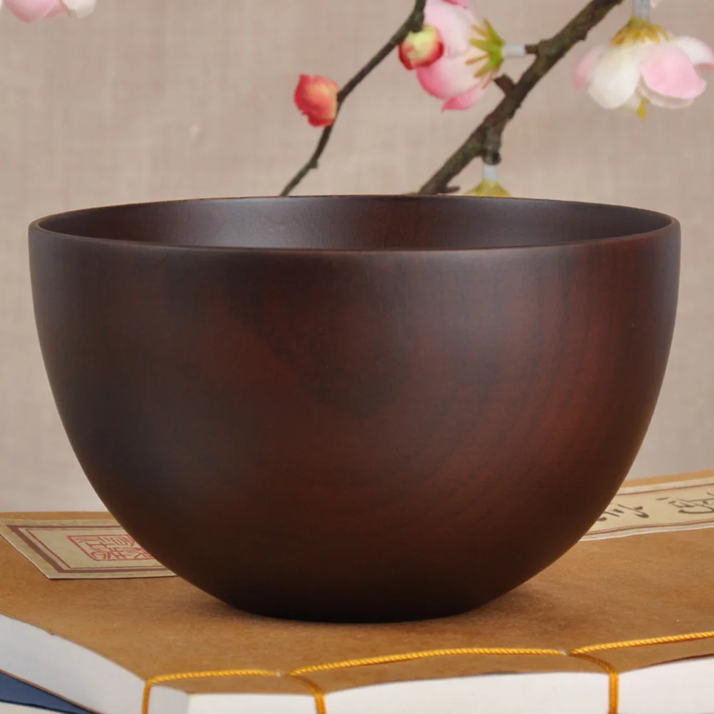 Japanese Style Wooden Bowls, Salad, Noodle, Fruits and Cereal Wooden Bowl Tableware, Red-Brown