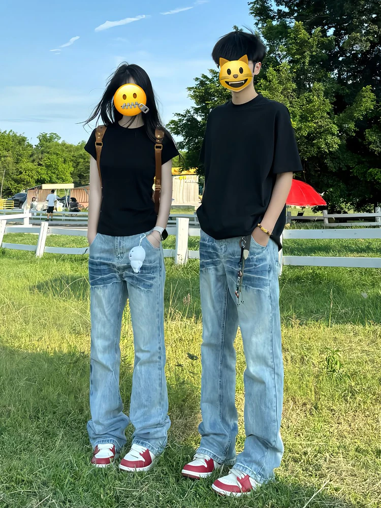 

Blue Lightning Pattern American Flared Jeans Men Summer Haome High Street Skinny Straight Leg Pants Couple's Jeans