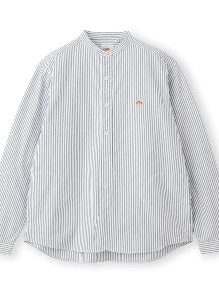 ユニセックス長袖純綿ルーズフィットシャツスタンドカラーストライプ春夏新作洗える通気性快適レトロスタイル