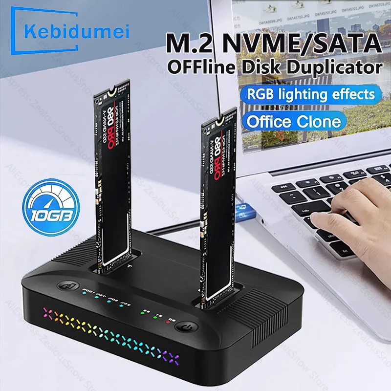 

M.2 NVMe/SATA SSD Case Dual-Bay Docking Station 10Gbps Offline Clone Hard Disk Duplicator RGB Light GEN2 SSD Adapter Enclosure