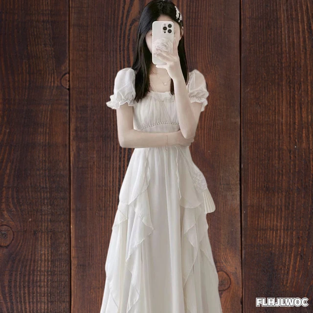 Ruffles Dresses Women Cute Japanese Korean Design Holiday Date Romantic Temperament Lady White Beaded Vintage Dress Long AliExpress 200000345