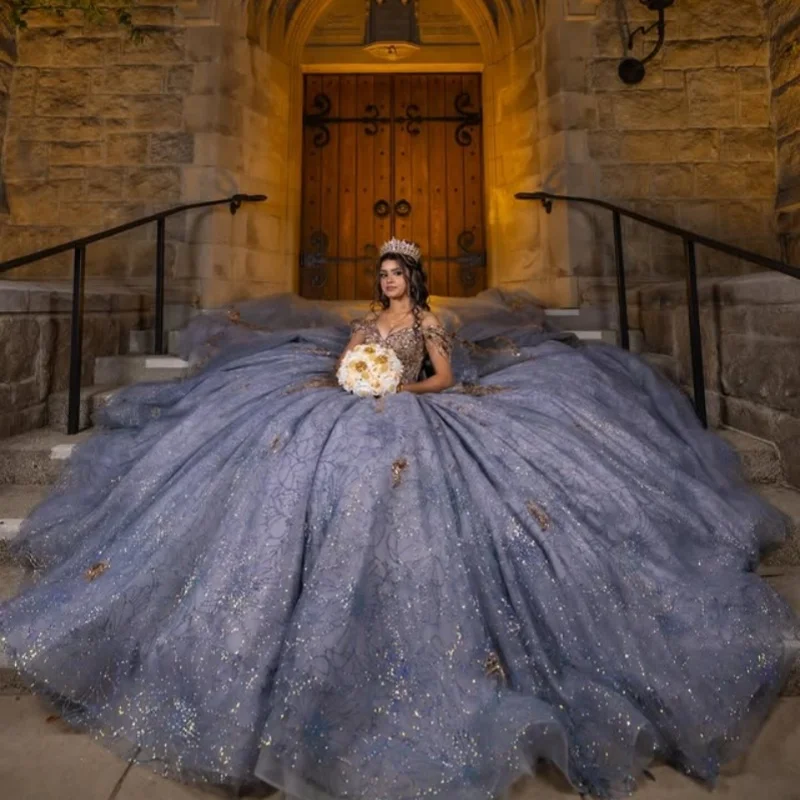 Shiny slate blue Quinceanera Dress off-shoulder crystal glitter decal Bow Long tail vestidos de 15 Quinceanera ﻿Customize