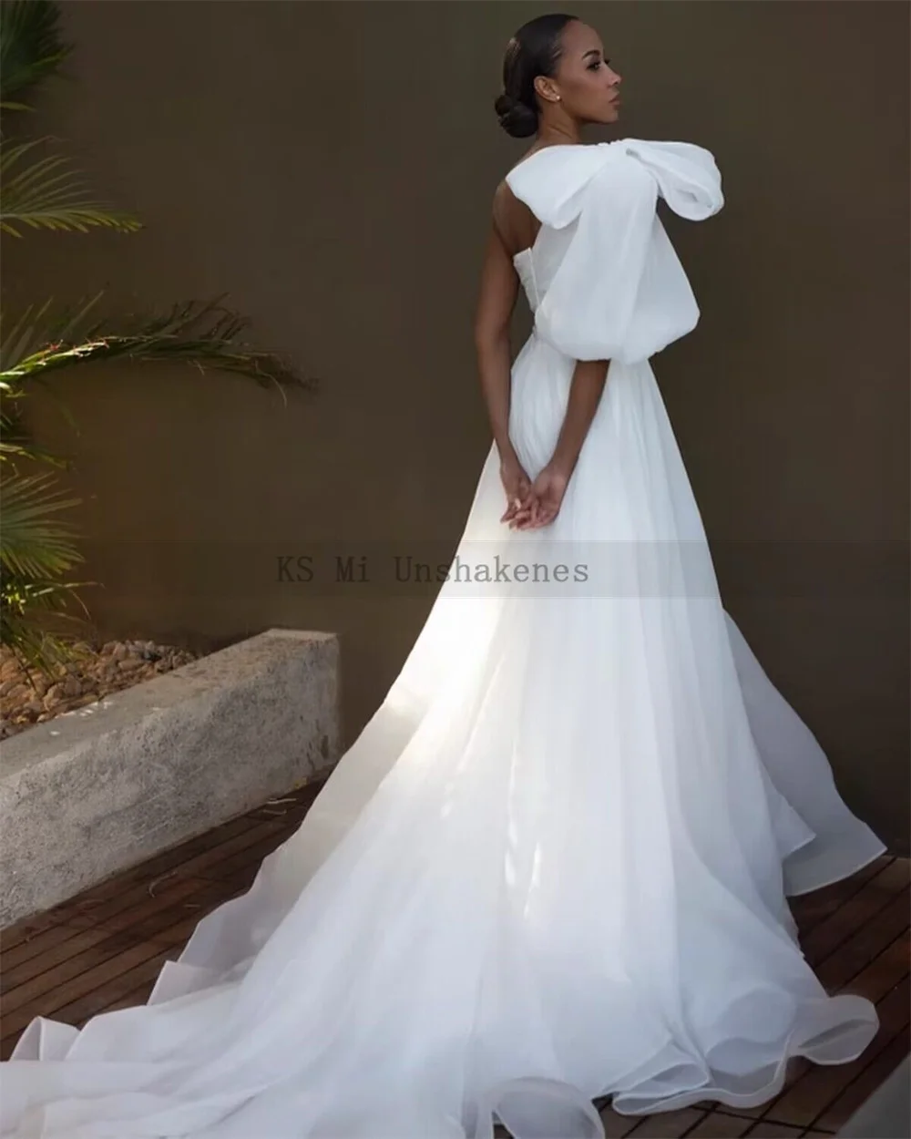 Vestido de novia de un solo hombro con manga abullonada, traje Sexy de Organza con lazo grande para playa, 2024