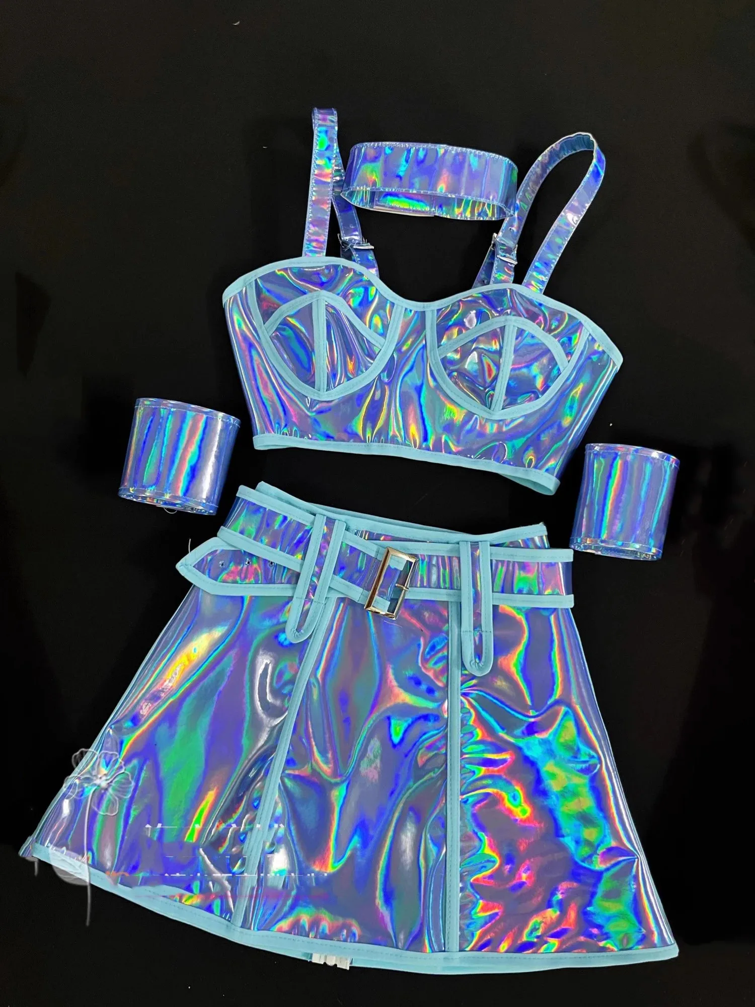 Roze Blauw Laser Lederen Tops Rok Team Dans Kostuum Vrouwen Verjaardagsfeestje Carnaval Club Rave Outfit Danser Prestaties Kleding