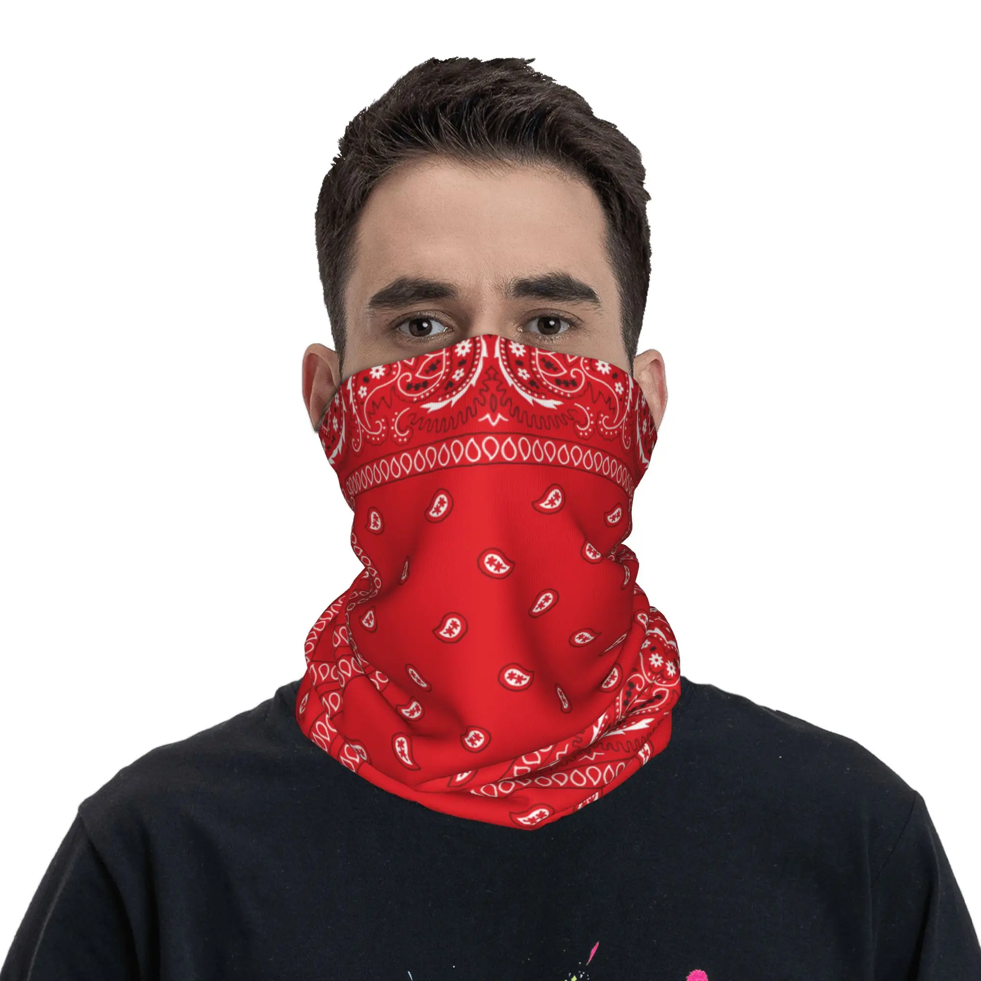 Custom Colorful Retro Paisley Red Neck Gaiter Women Men UV Protection Winter  Bandana Scarf for Cycling image 4