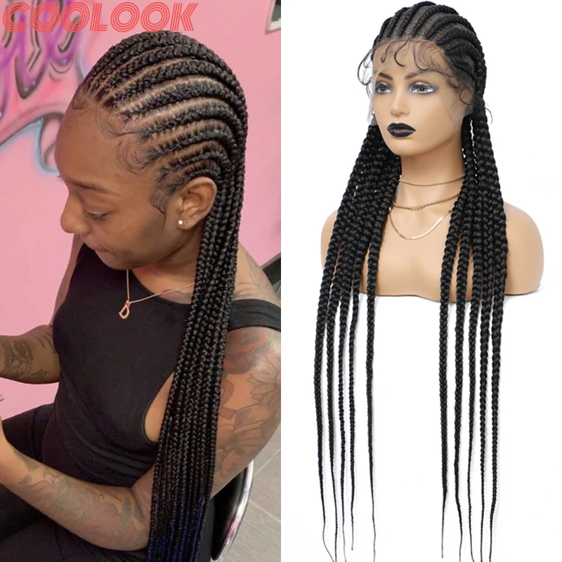 

Synthetic Full Lace Braided Wigs 36 Inch Black Goddess Braids Lace Frontal Wig Cornrow Knotless Box Braid Wigs for African Women