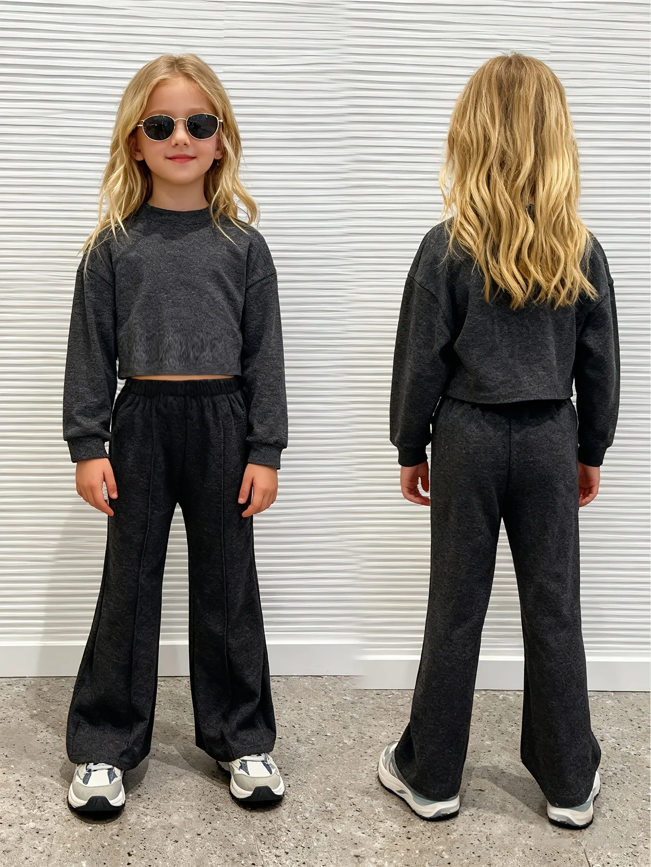 Comfy Kids Girls 2-Piece Outfit, Soft Brushed Fabric Crew Neck Sweatshirt & Wide Leg Pants for Daily & School Wear
