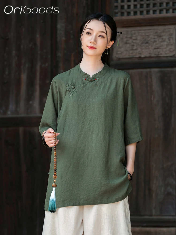 OriGoods Lyocell Camicetta di Lino Loose Fit Camicia di Lino Estiva Donna 2025 Nuovi Abiti Tradizionali Cinesi Sottile Fresco Estate Magliette E Camicette C132