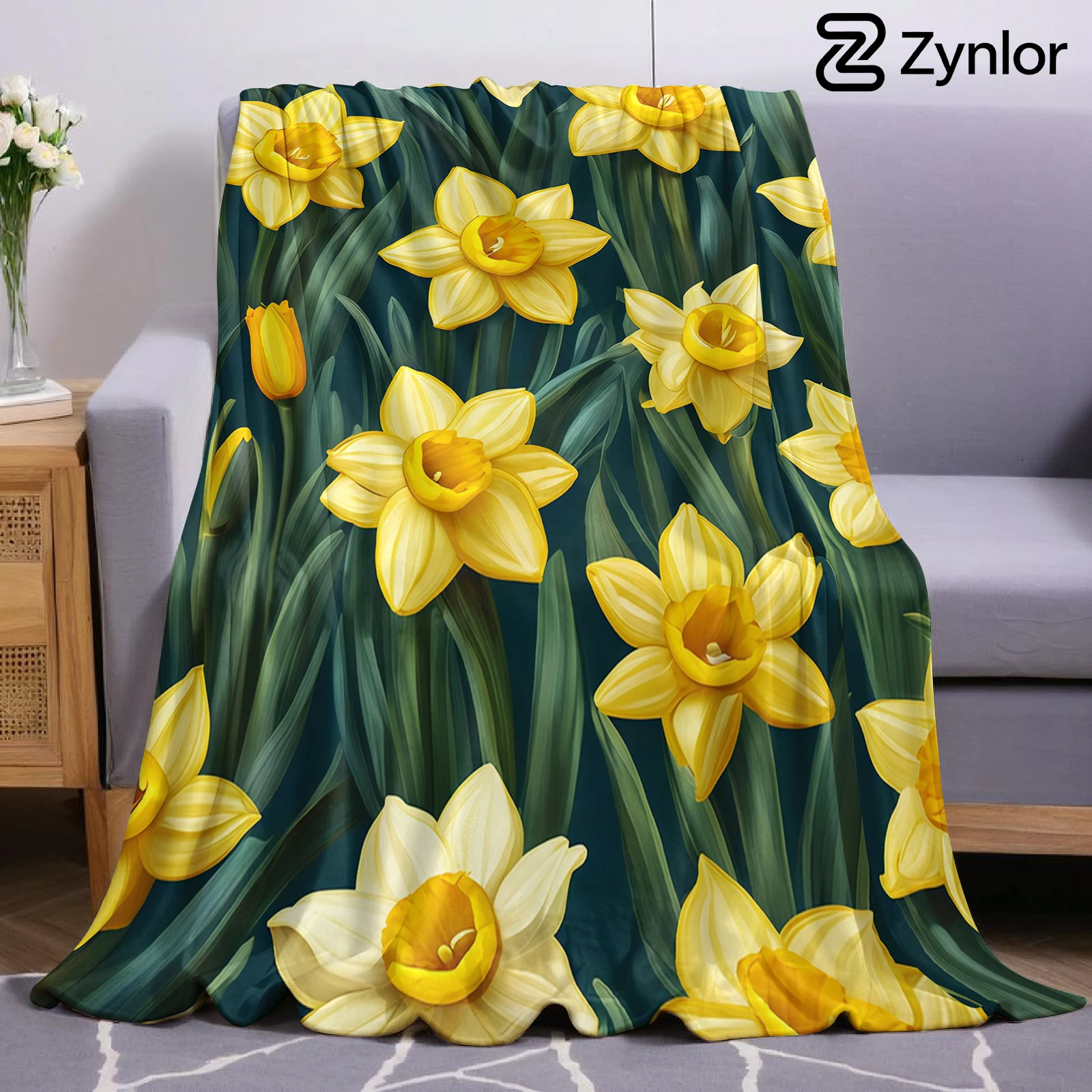 Daffodil Floral Cartoon Anime Print Flannel Blanket Soft Warm Throw for Kids Bedroom Sofa Bed Christmas Office Car