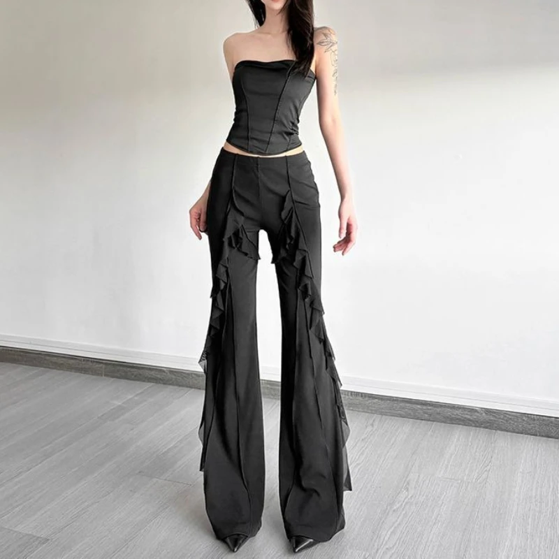 Retro Ruffle Leaf Edge Splicing High Waist Micro-pull Pants Women's Design Sense Slim and Thin Trousers