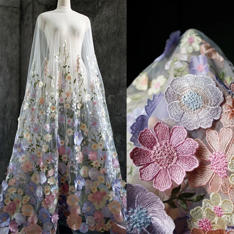 Tecido de malha bordado vazado com flores suspensas, vestido tridimensional colorido, presente de casamento, roupas, decoração de casa, tecido de design