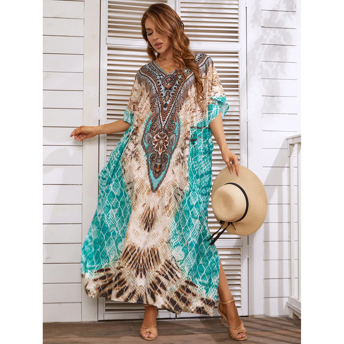 

European and American New Women's Clothes Printed Dress Middle East plus Size Loose Robe Seaside Holiday