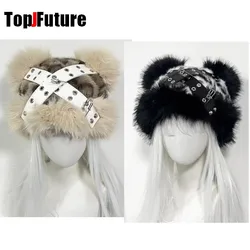 Gothic Lolita Y2k Girls Women's Subculture Punk leather pin keep Warm plush fluffy Beanie Fisherman Hat Bucket hat