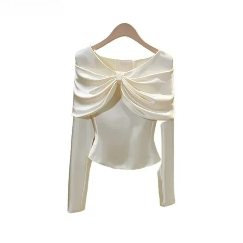 

Womens Tops Celebrity Style Solid White Shirts for Women Small Fragrance Bow Satin Shirt Long-sleeve Sweet Office Lady