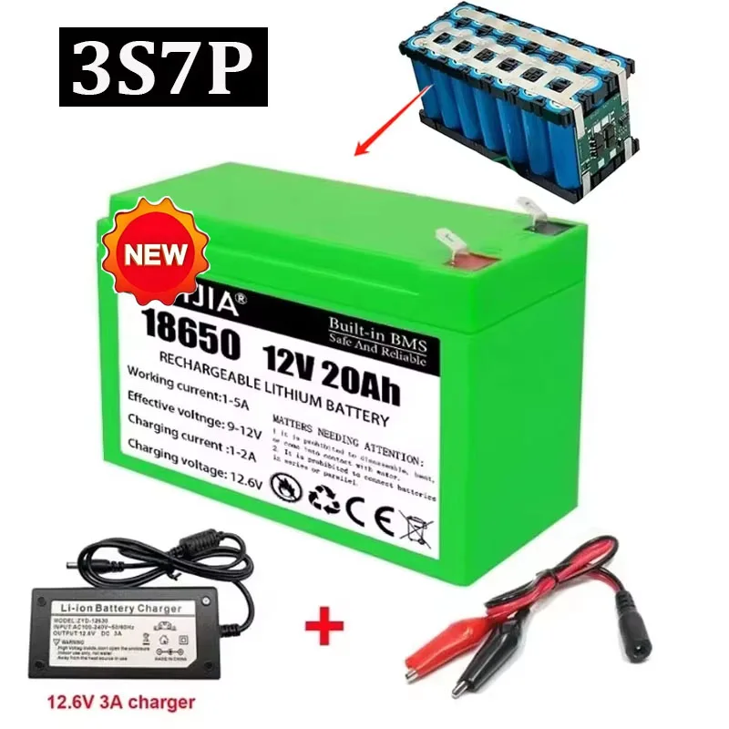 12V 20Ah 18650 Rechargeable Lithium Battery Pack 3S7P Solar Electric Vehicle Battery 12.6V 3A Charger