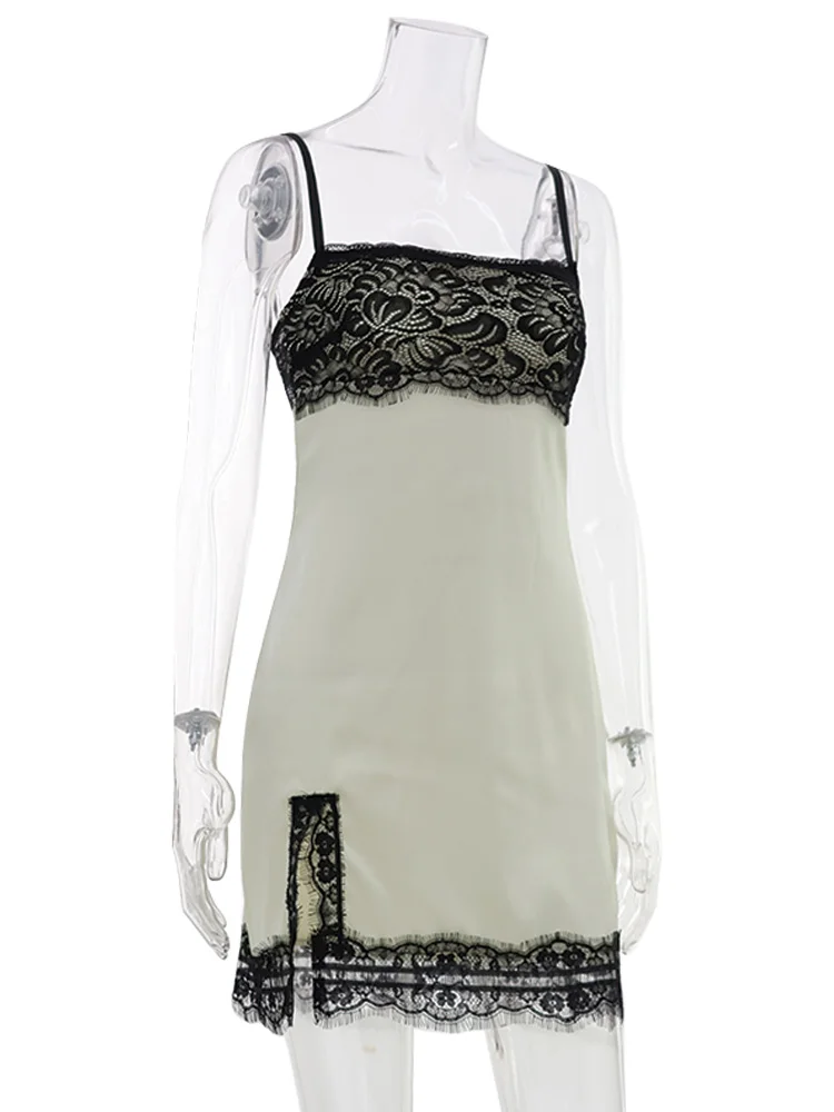 Ahagaga Women Sexy Lace Patchwork Mini Dresses Split Bodycon Slim Fit Sheath Hot Girl Camisole Club Nightwear Chic Vestidos