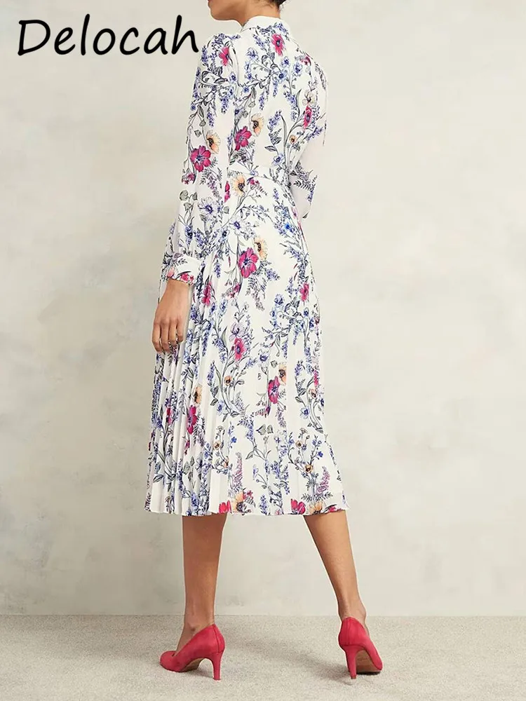 Delocah Super Good-looking Waist Polo Collar Floral Pleated Dress Royal Sister Light Wind Intellectual Midi Dress