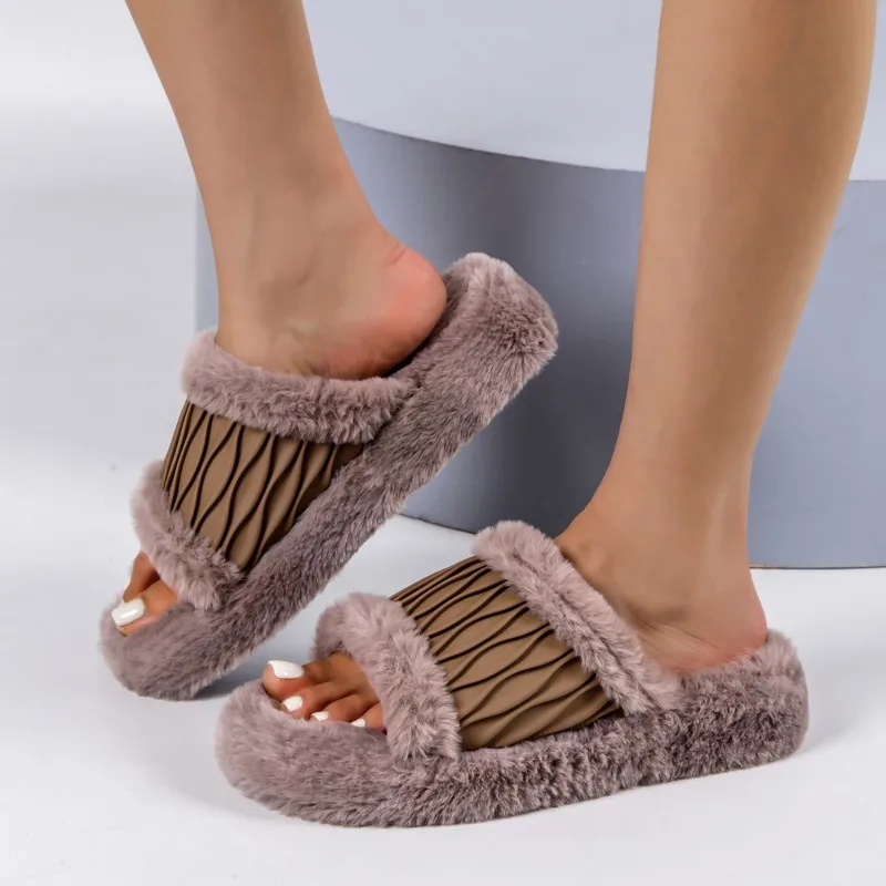 Women Corduroy Cross Strap Home Slippers Men Soft Warm Flat Slides Family Indoor Fashion Concise Plush Sandals for Four Seasons - view 2