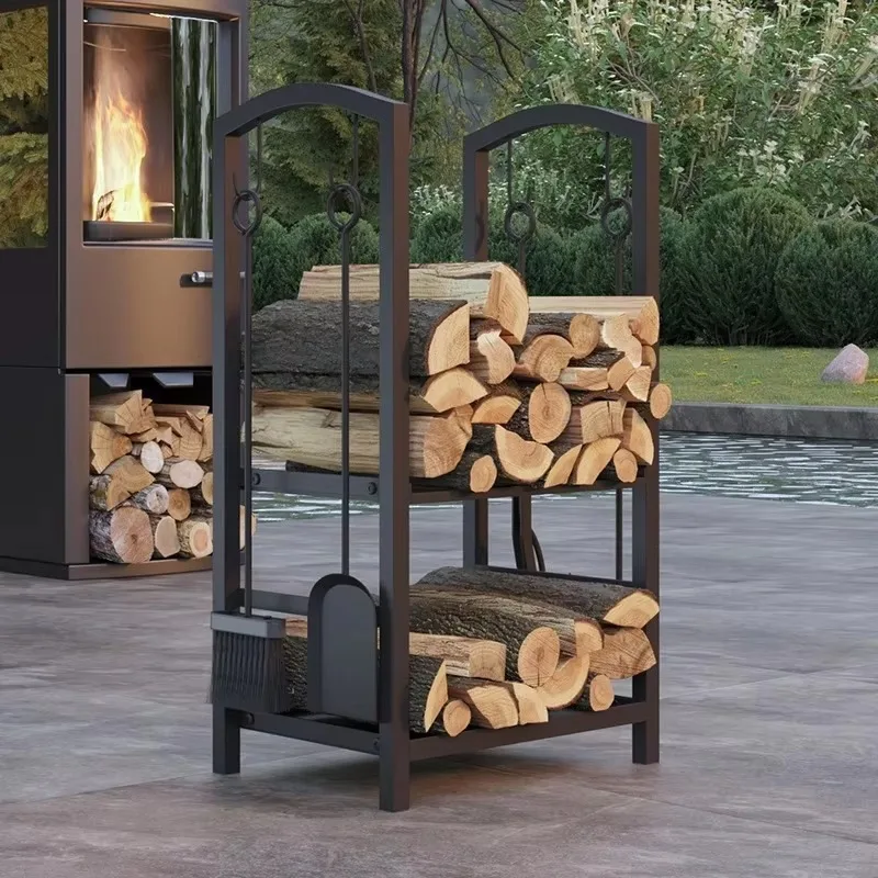 

Portable Outdoor Metal Fireplace Firewood Rack Wrought Iron Double-layer Firewood Storage Organization Rack with Hooks Shovels