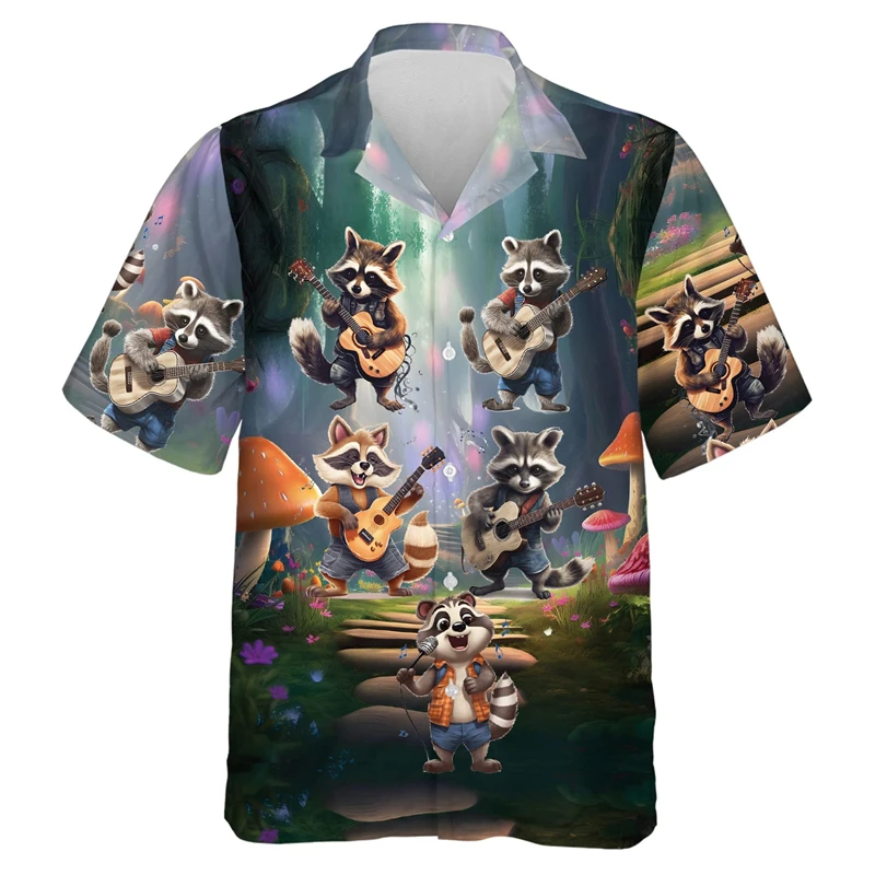 Female Kawaii Raccoon Shirts For Men Clothes Cute Animal Graphic Beach Shirts Casual Vacation Lapel Blouse Cartoon Raccoons Top