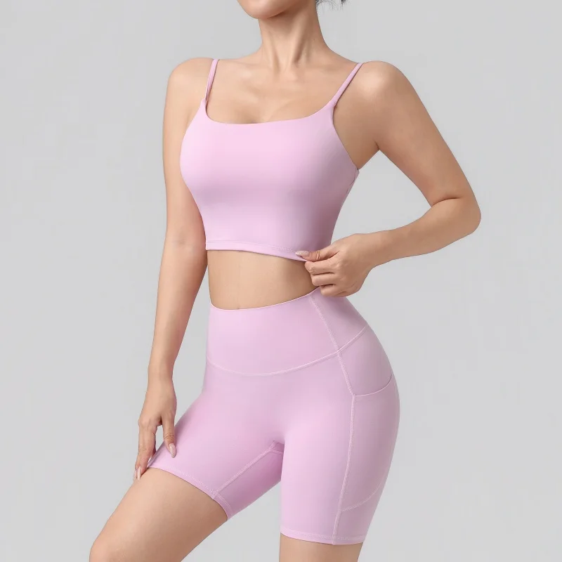 Shockproof Yoga Vest Shorts Set Removable Chest Pad Pilates Suit Quick-drying Breathable Fitness Running Cycling Sportswear