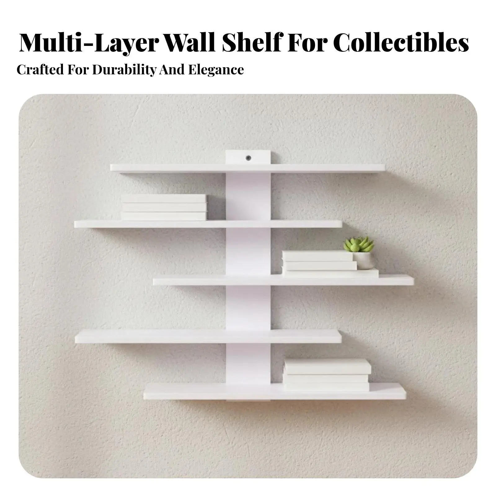 Wooden Wall Mounted Shelf with Staggered Five Tier Display Rack for Living Room Decor and Collectible Showcase Storage