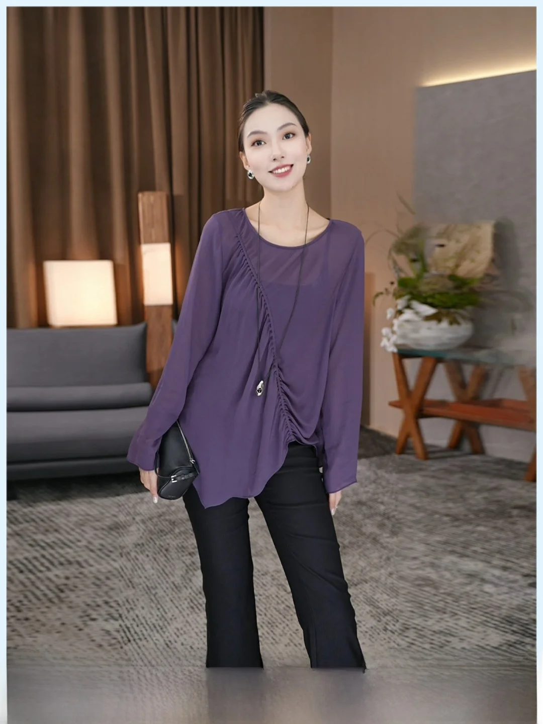

Zozo Home Cold Frosted Pleated Top Custom Dyeing Regular Fit Long Sleeve round Neck Thin Summer T-Shirt for Women Commute Style